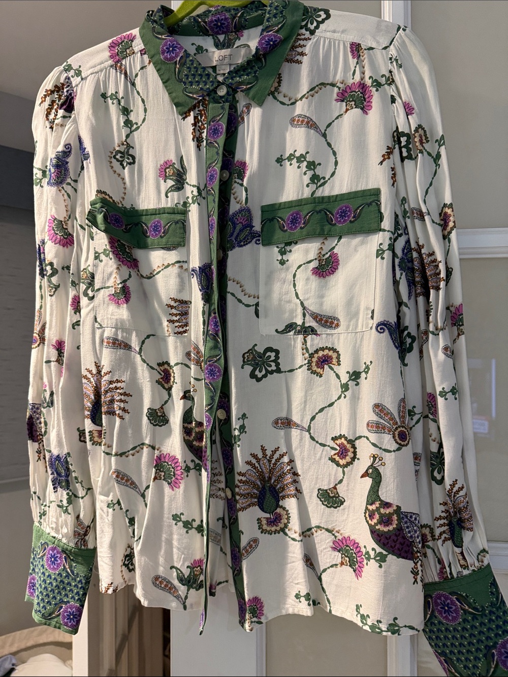 LOFT Cream Button-Down Shirt with Green Trim and Purple Floral Print